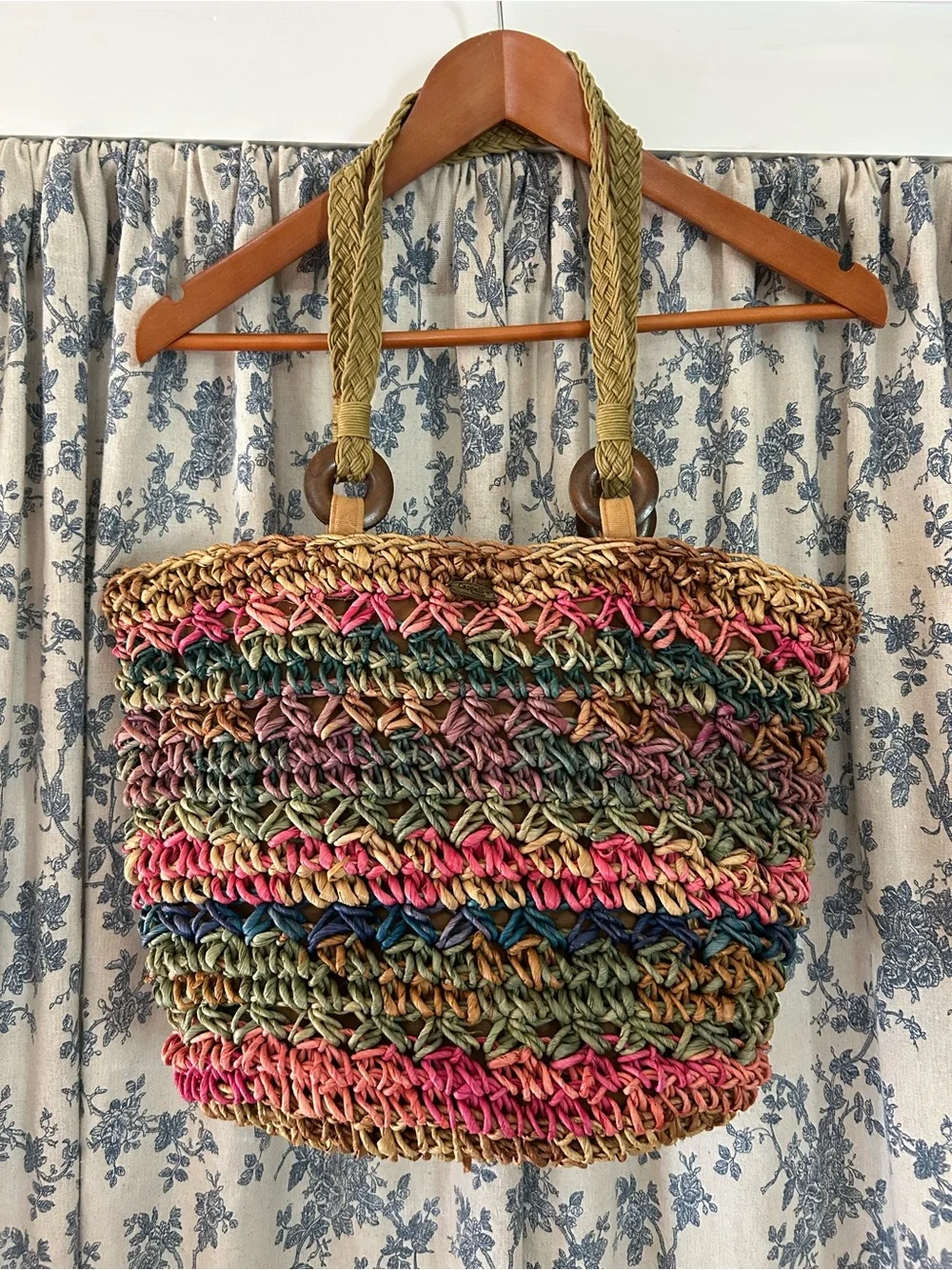 Handwoven Multicolor Straw Tote Bag - Neutral & Pink Accents